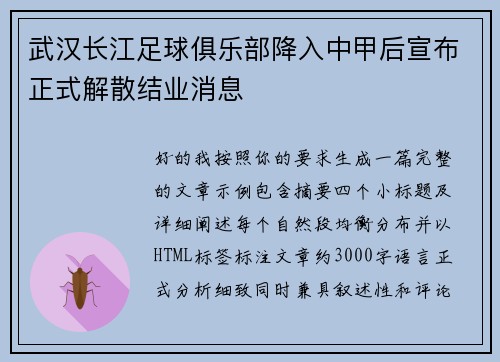 武汉长江足球俱乐部降入中甲后宣布正式解散结业消息 武汉长江足球俱乐部降入中甲后宣布正式解散结业消息